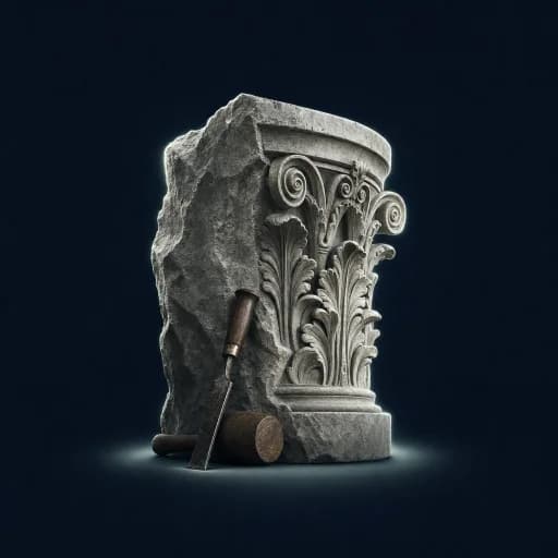 A half-carved Corinthian column capital with a sculptor's bronze chisel — the product and interface design stage
