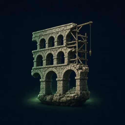 A Roman aqueduct under construction with wooden scaffolding and a bronze plumb line — the engineering stage